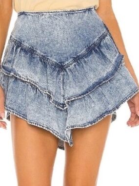 MOTHER Denim Ruffle Mini Skirt Acid Wash 100% Cotton SZ 31